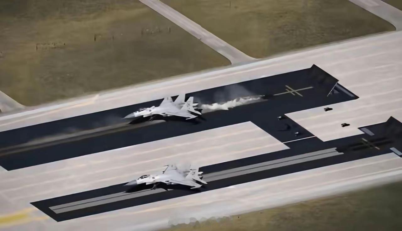 陆地舰载机实验基地里，正在进行蒸汽弹射和电磁弹射的对比试验。跑道上并排安装着两个