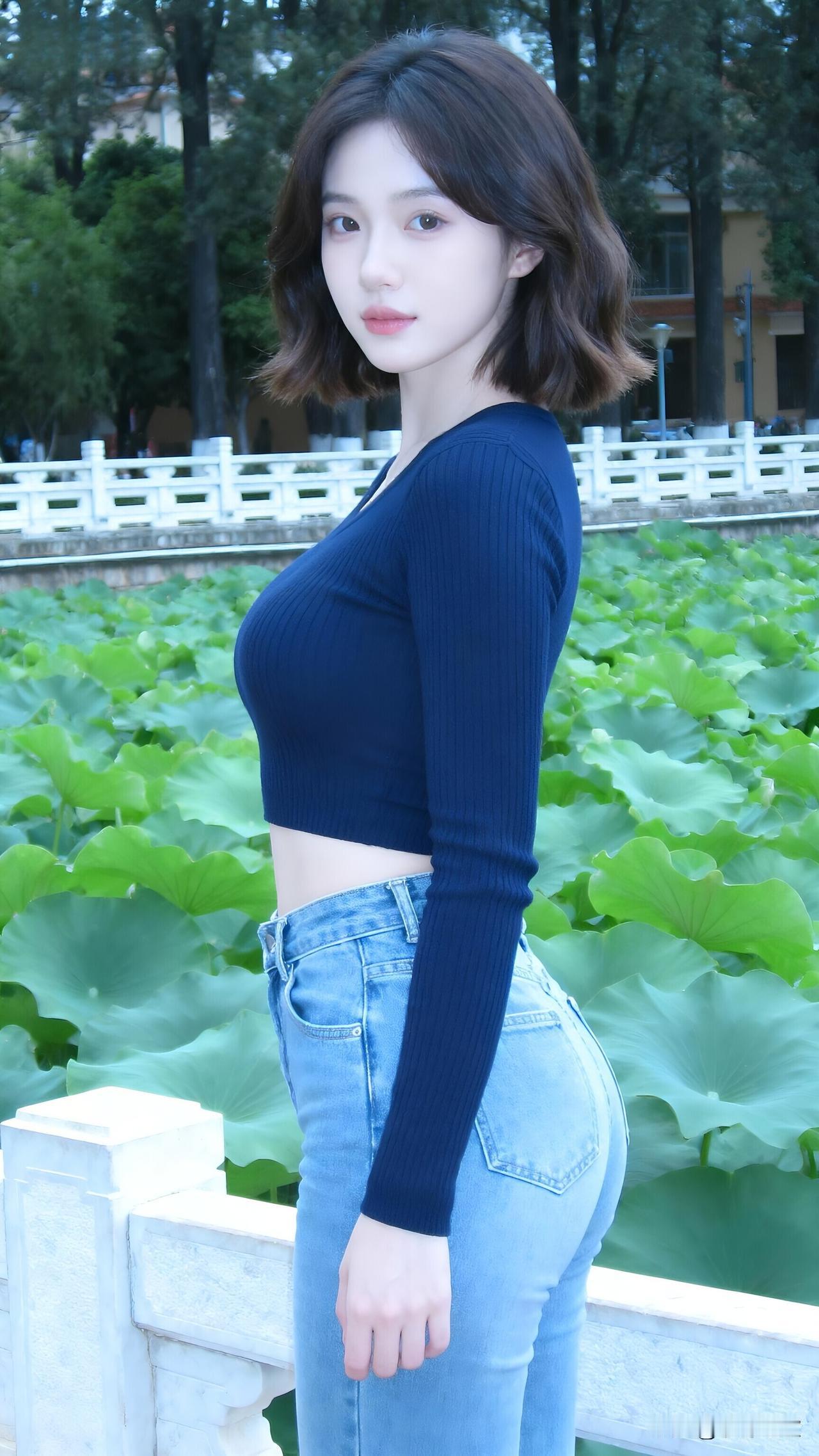 《荷塘倩影》深蓝针织映碧荷，浅蓝牛仔裤脚轻。齐肩短发随风舞，石栏斜倚笑意