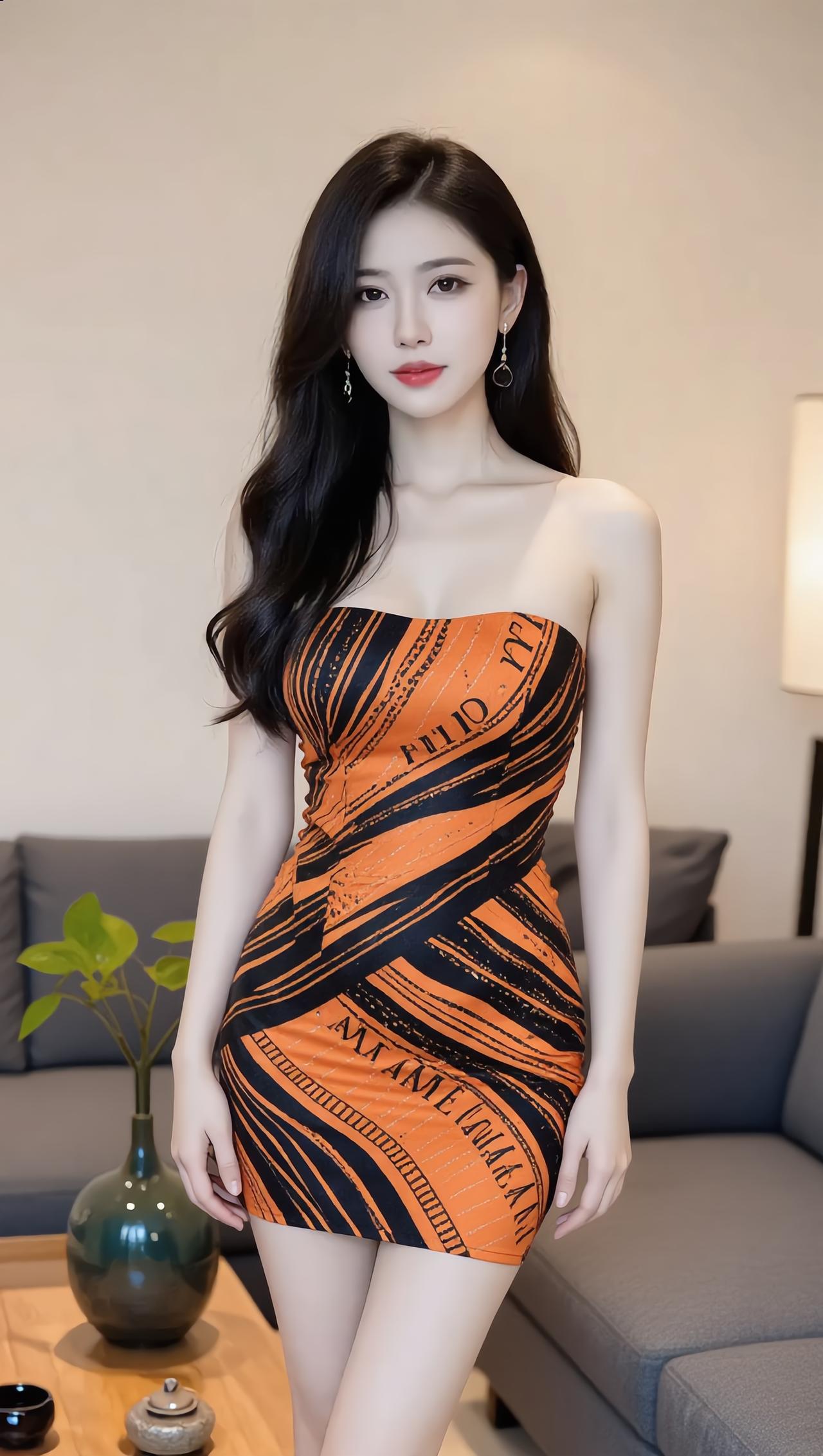 穿橙色连衣裙的姑娘真好看。