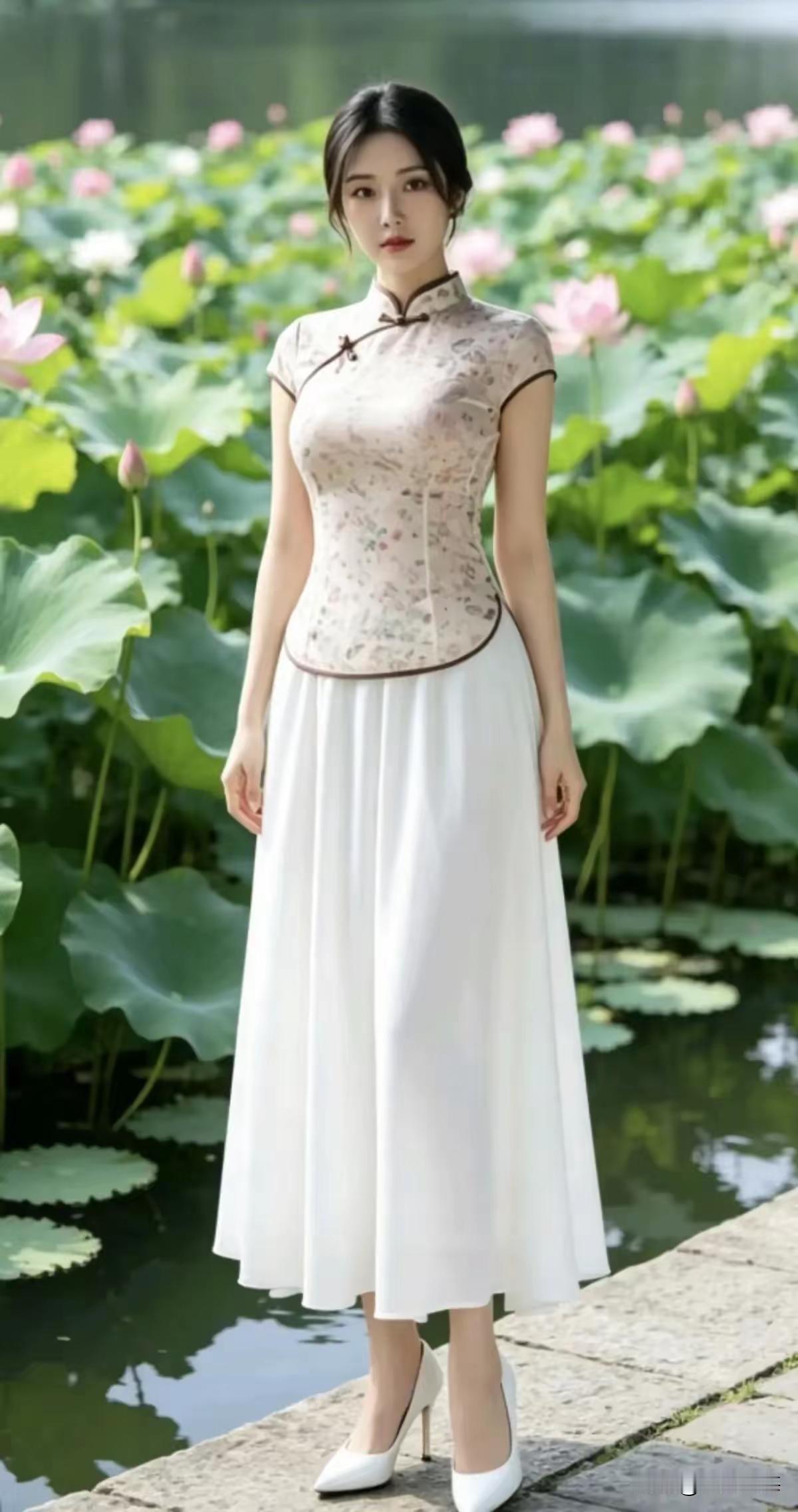 四块玉·荷塘佳人清风柔，芙蓉媚，碧水摇红映晚晖。佳人立影临风醉。花也美，