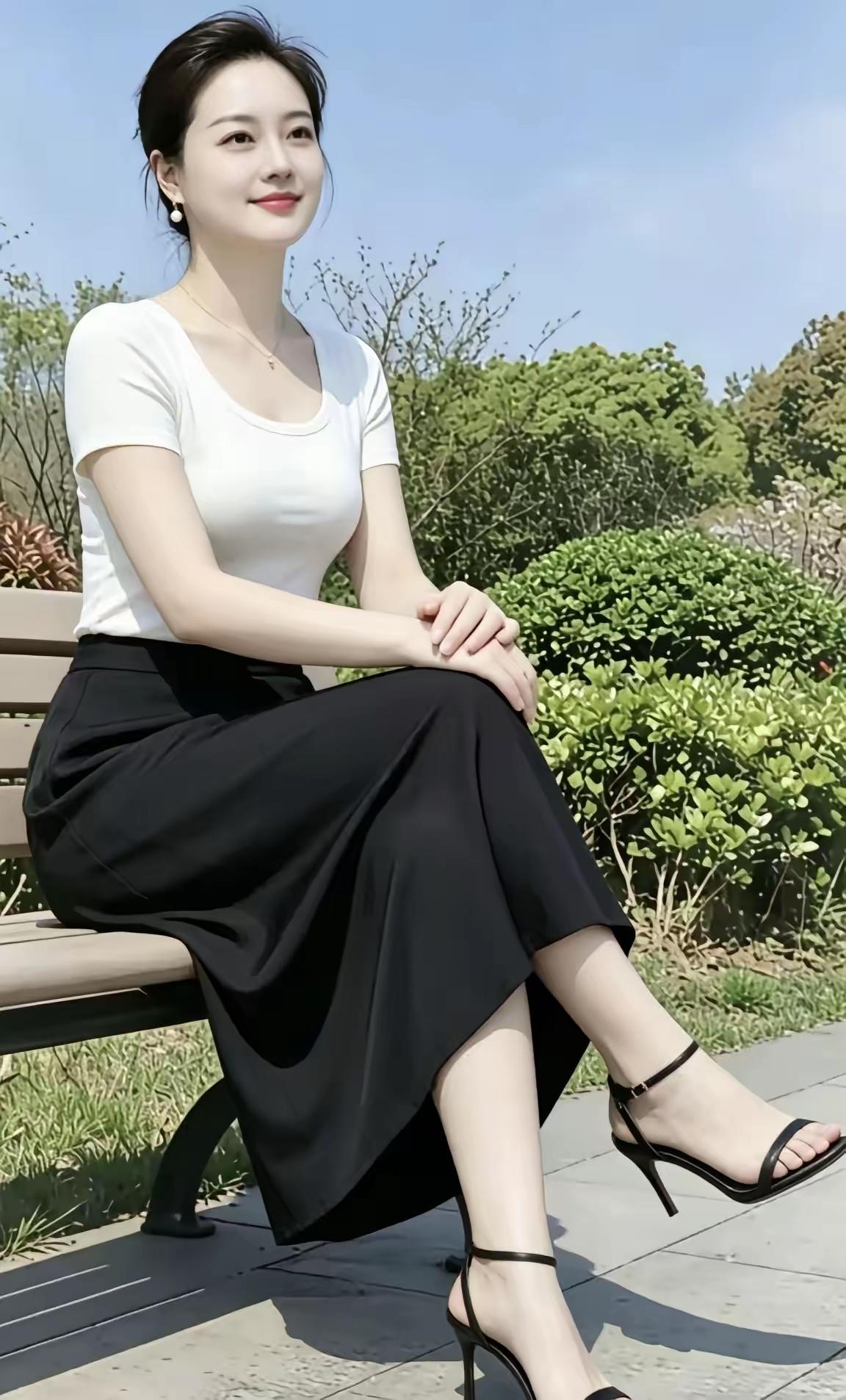 这位女士坐在公园长椅上。