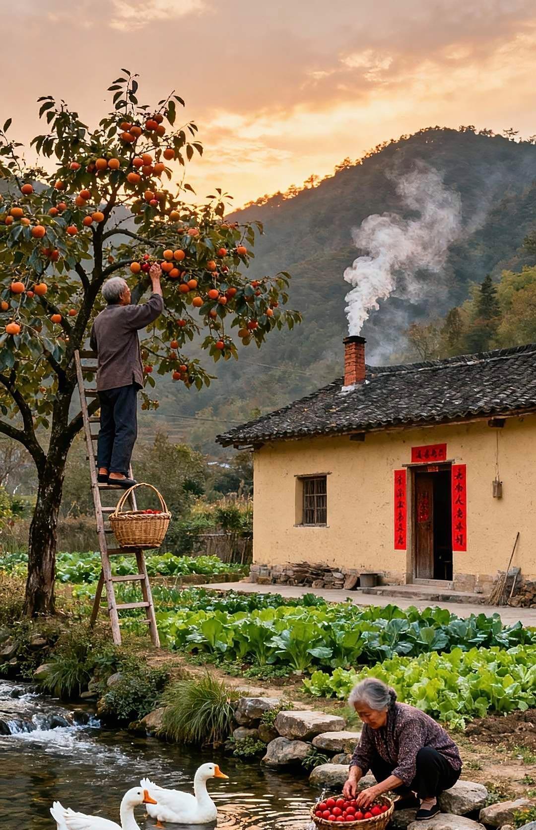 那时的人，那时的山，那时的水，那时的鸡、鸭、鹅、猫和狗，一切都是那么亲切自然浑为