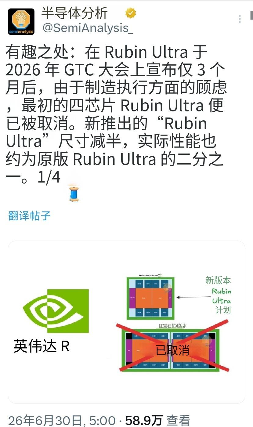 玻璃基板——英伟达取消原版4-dieRubinUltra的原因原版方