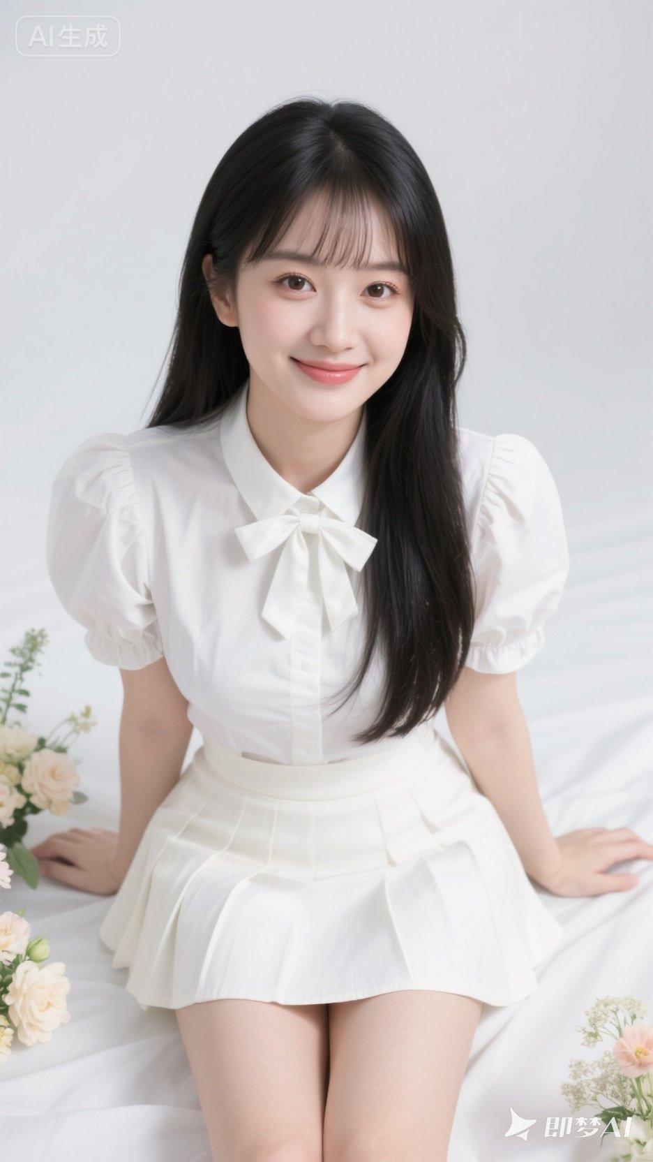 清新少女风，白色衬衫与短裙的完美搭配，甜美笑容，元气满满！🌸💕