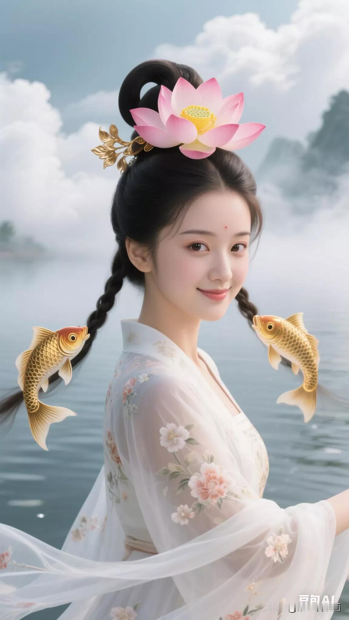 梦幻古风少女，莲花发饰，锦鲤相伴，仙气缭绕。张立启原创书画AI作品古仕女发髻集锦