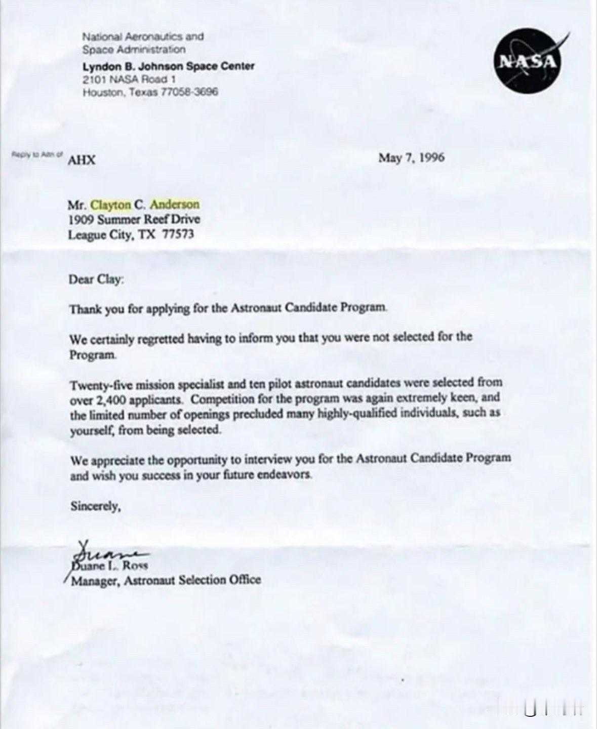 这封信是美国国家航空航天局(NASA)宇航员选拔办公室于1996年5