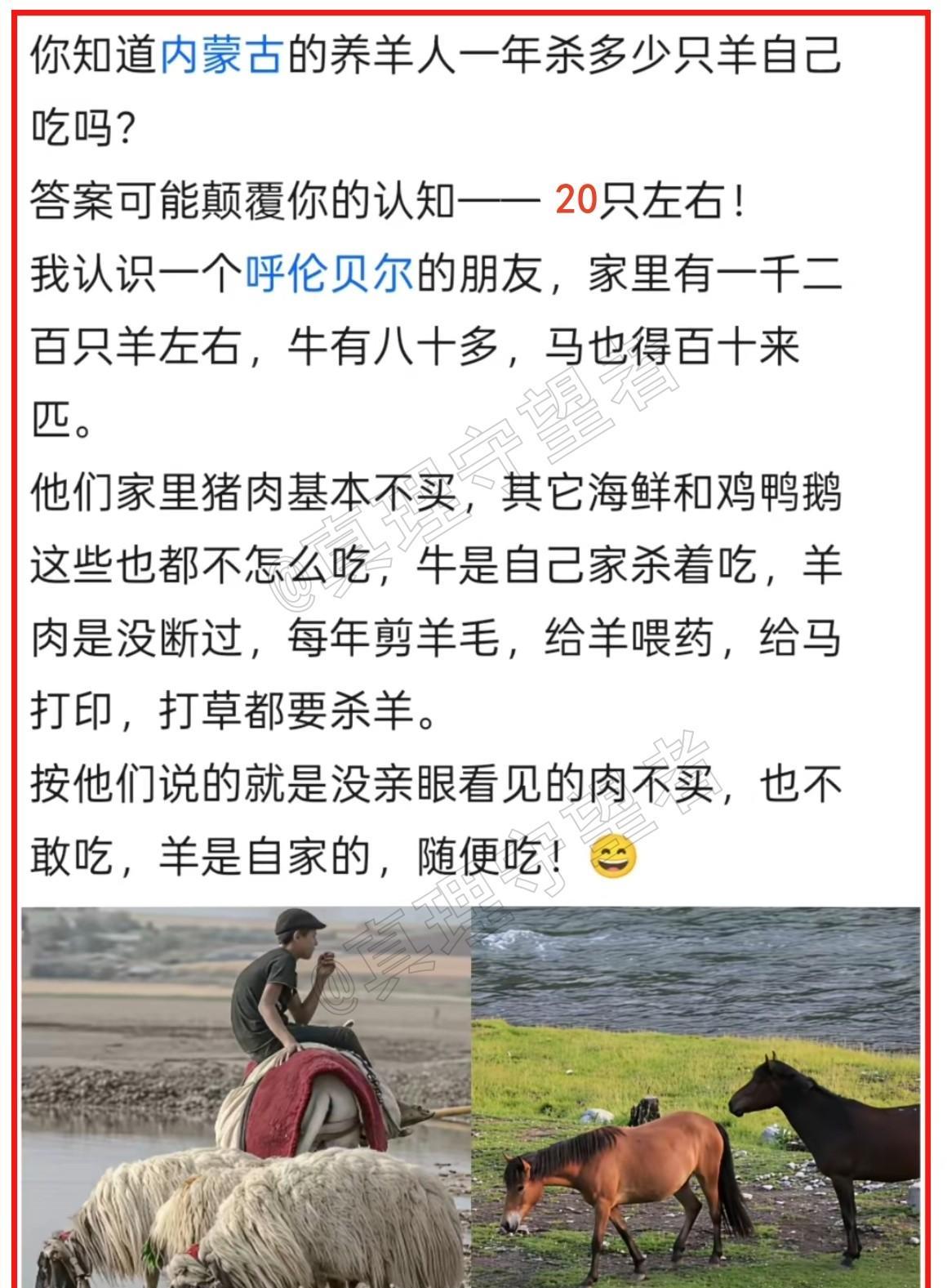 记得刷到过新闻，内蒙古一家六口一年吃六十只羊？！我一个内蒙古朋