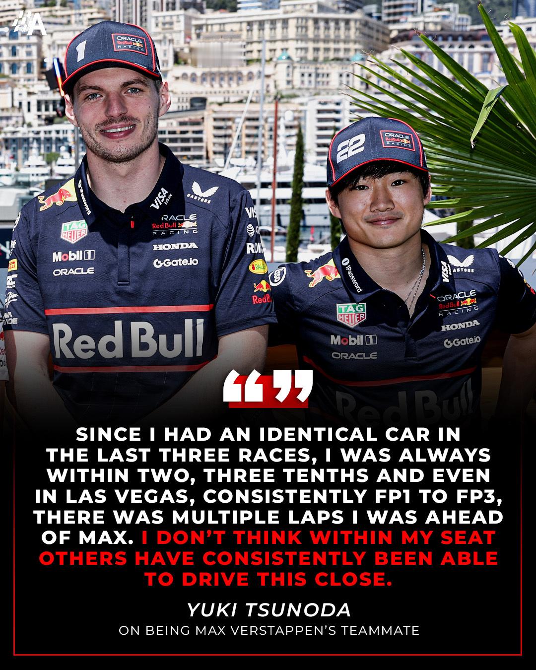 角田：我是维斯塔潘史上最强队友。角田裕毅：“在过去三场比赛中，当我开的车和他完全
