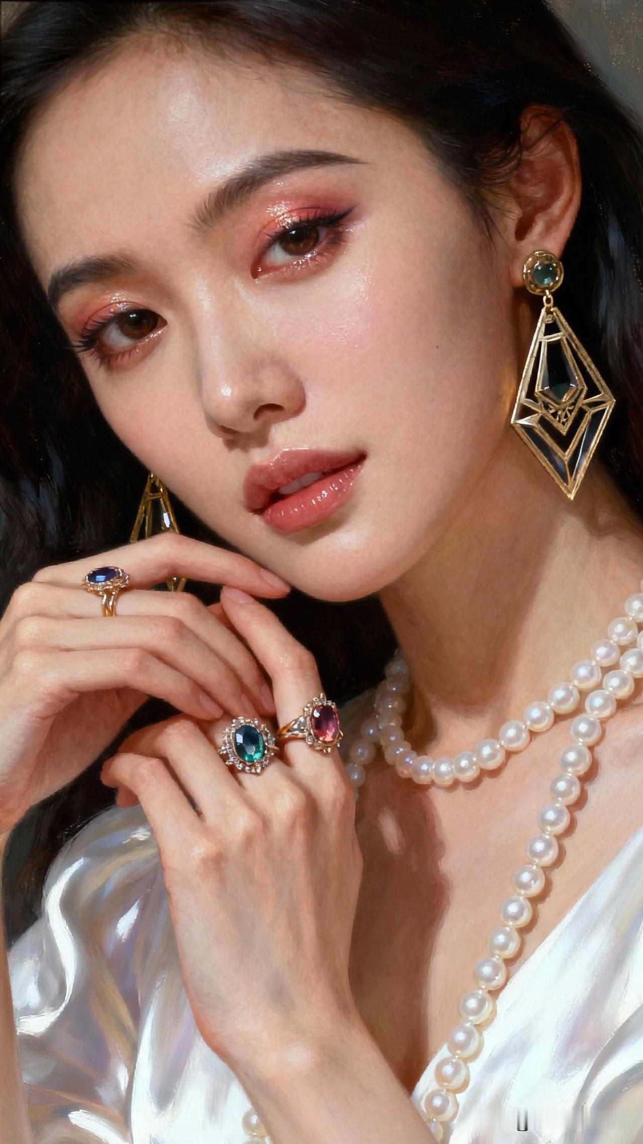 珠光宝气映容颜，玉环轻抚耳畔间。优雅自信穿搭分享优雅珠宝，闪耀迷人，尽显奢华魅