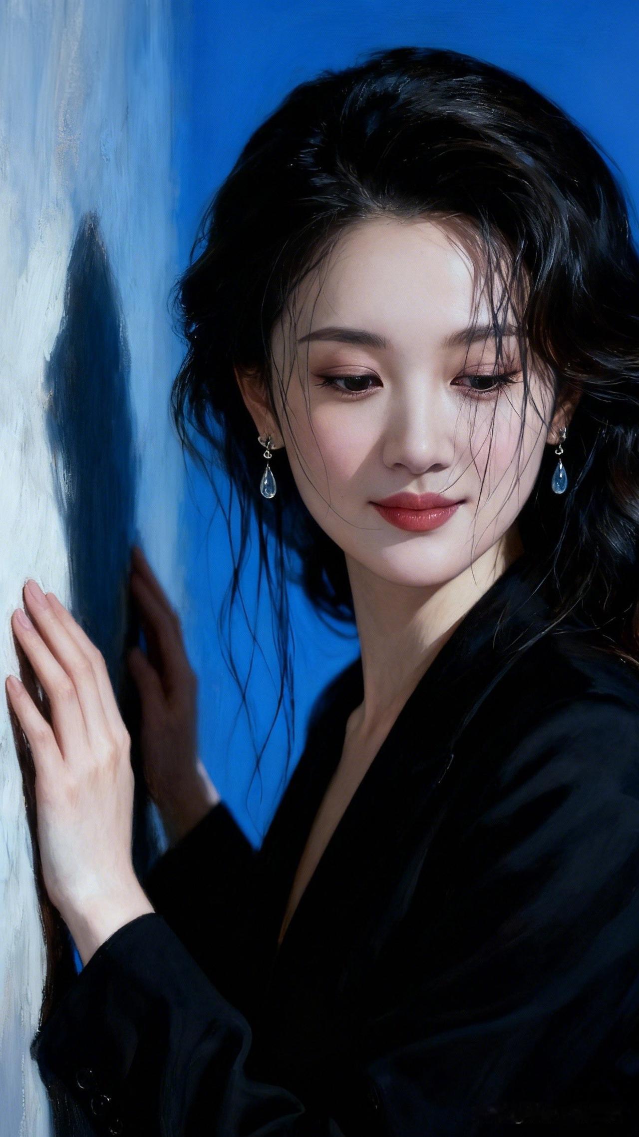 黑发如瀑，蓝衣似水，美人倚墙。分享一张今天的照片吧黑发红唇，优雅动人，蓝墙背景