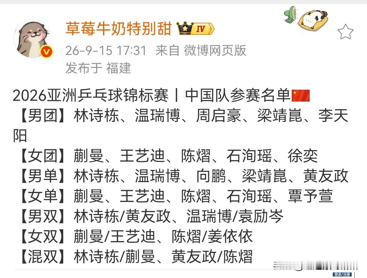 亚锦赛名单终于完整出炉！看完国乒的完整参赛阵容，惊不惊喜，意不意外呢！这份名