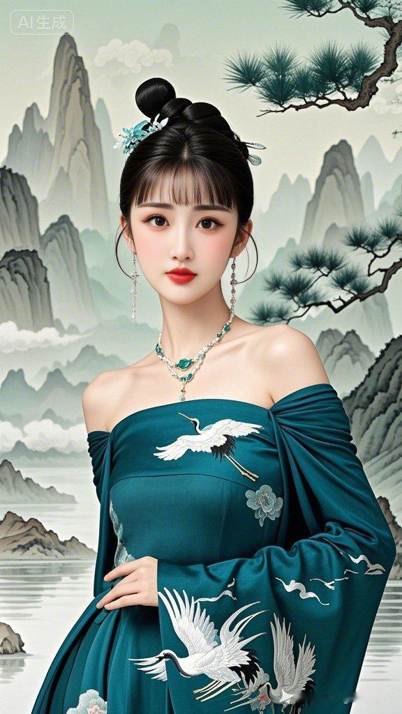 清丽女子着深绿蓝露肩新中式衣，绣白鹤流云，抓髻配古今融合精美项链耳坠，仙境山树如
