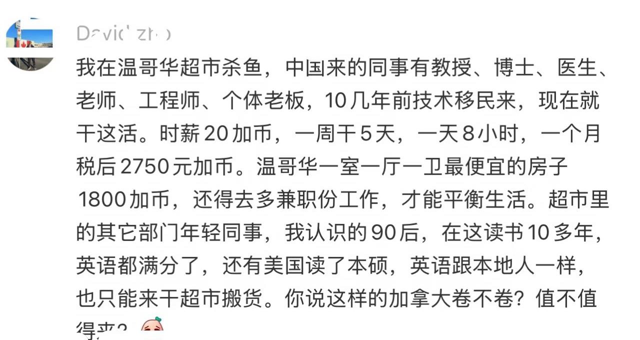 润出去的医生教授和博士，一个个脱下长衫干苦力，一个月辛辛苦苦也才2000多加币，