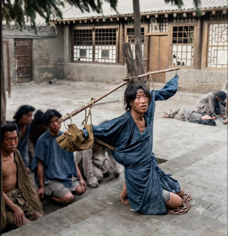 清末，东北（满洲里/奉天沈阳一带），旧式牢狱里的刑囚，照片中的犯人被木杠缚住双臂