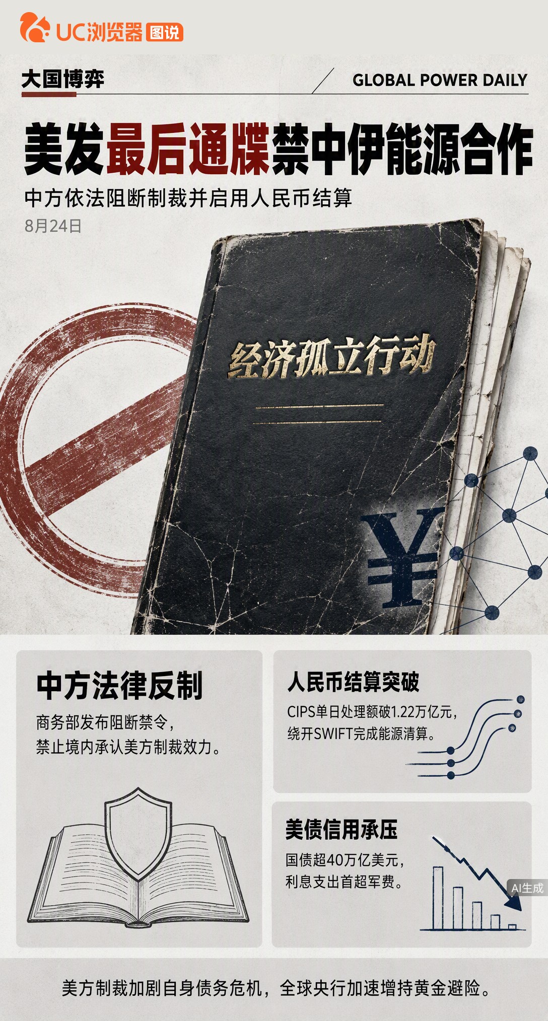 美财长宣布制裁伊朗并点名警告中国，中方已发阻断禁令回击。但美方债息支出超军费、多国减持美债转买黄金，