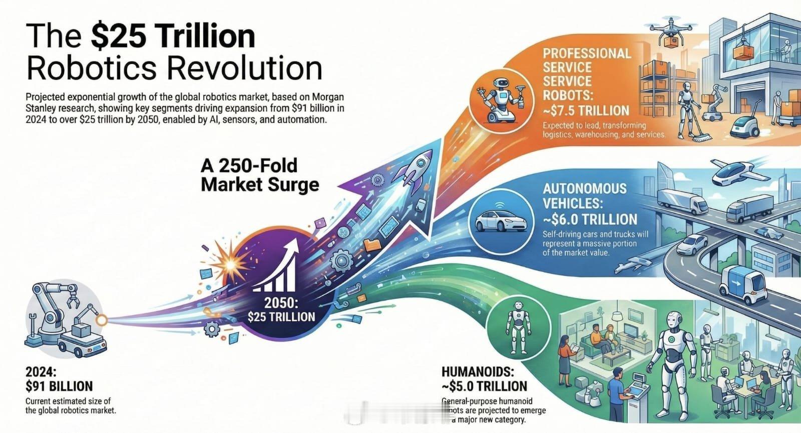 摩根士丹利预计，机器人行业的市场规模将从目前的910亿美元增长到2050