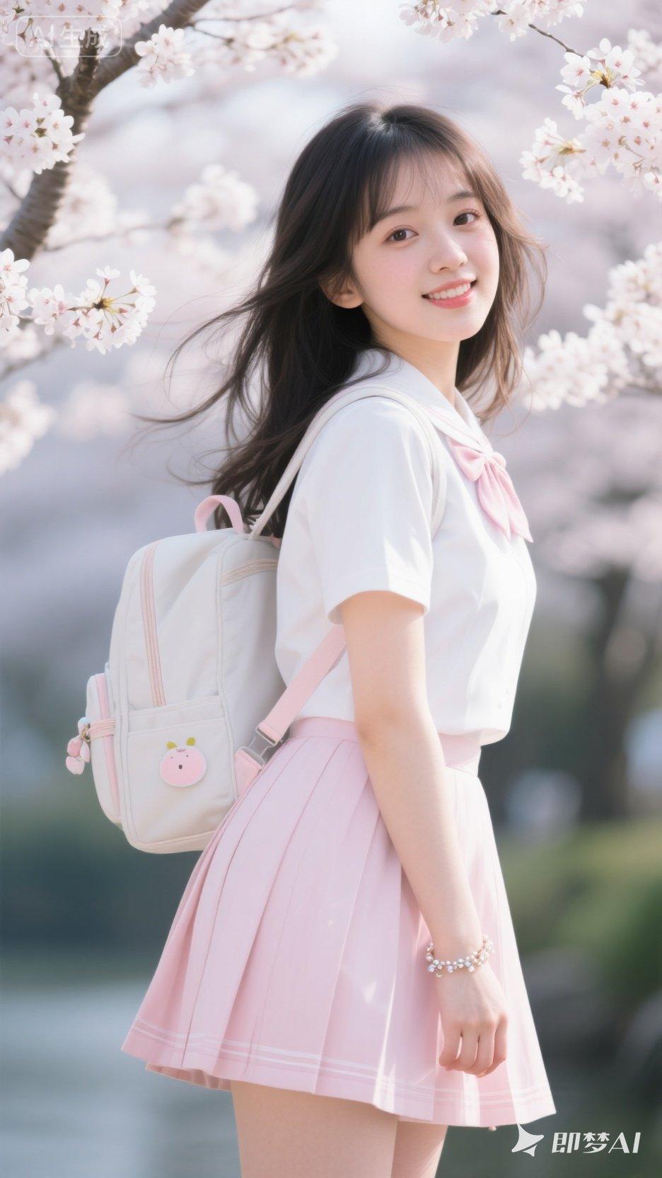 樱花树下，少女微笑，青春洋溢，粉色裙摆随风飘扬。🌸💕