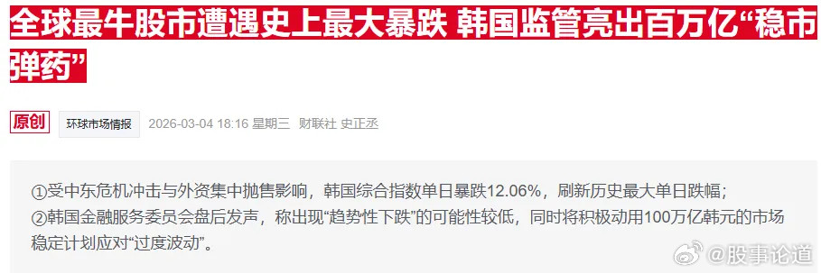 韩国砸100万亿韩元稳定市场，这笔资金折合人民币约5300亿元，在当前韩国股市总