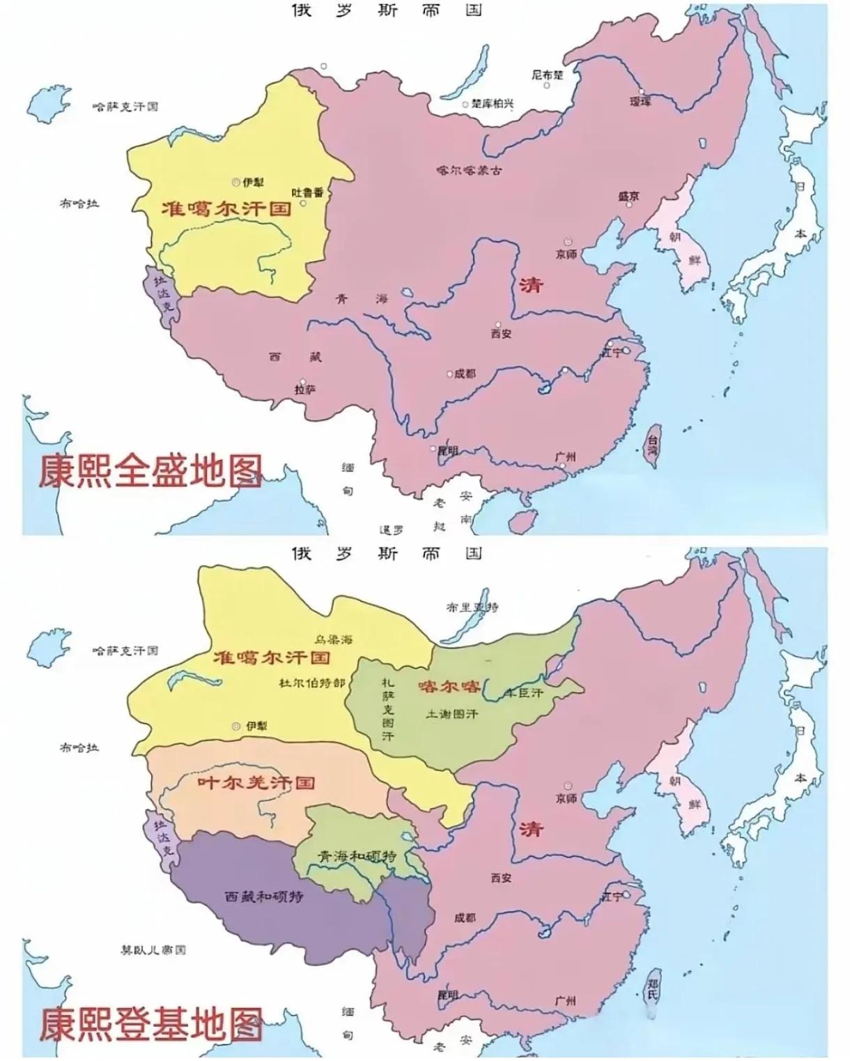 康熙登基到全盛时期地图！西部逐渐整齐划一！康熙刚登基时，西边最远就到甘肃嘉峪