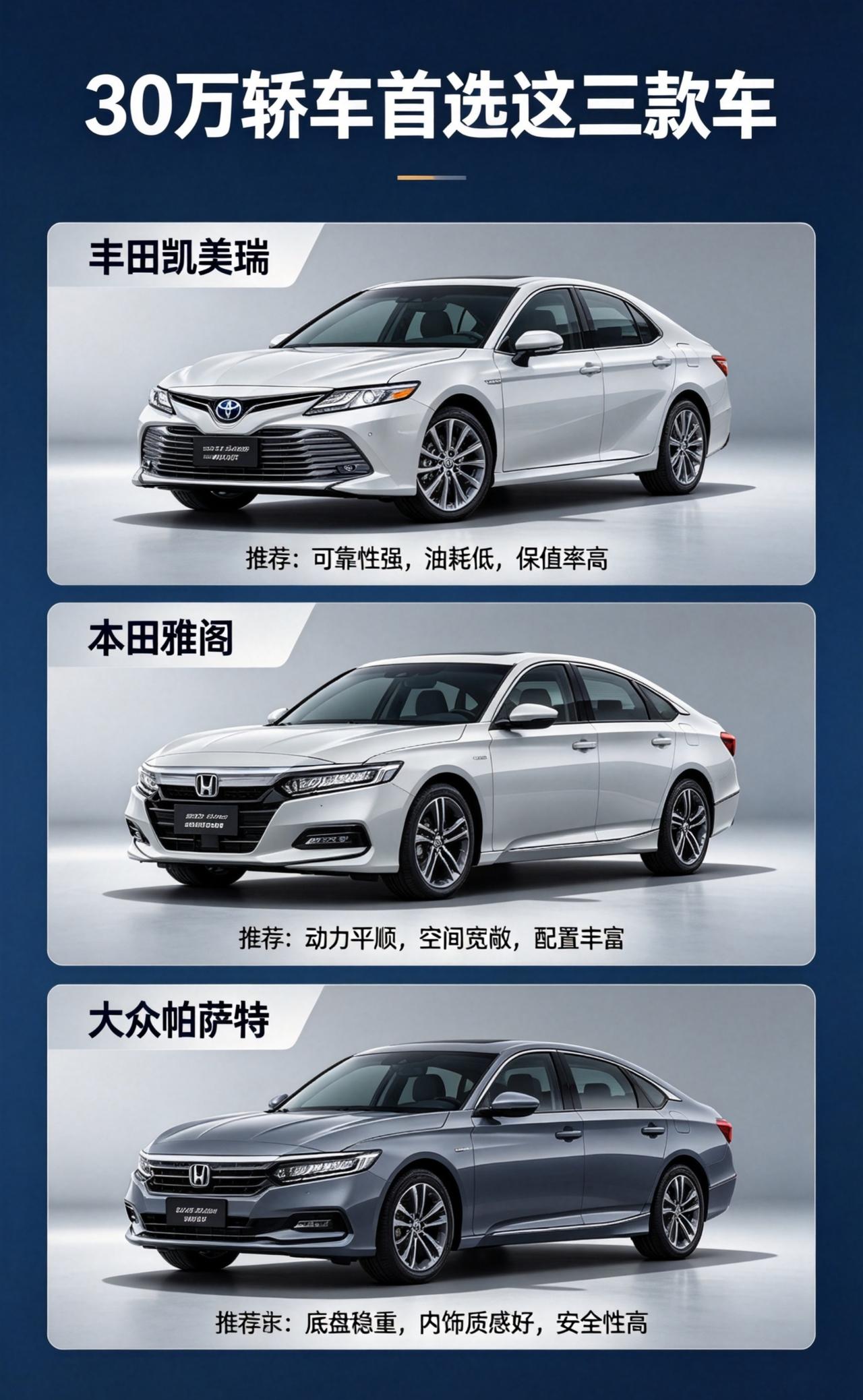30万轿车首选这三款车！第一是：凯美瑞，开着是真的省心，油耗低保值率也够稳，日