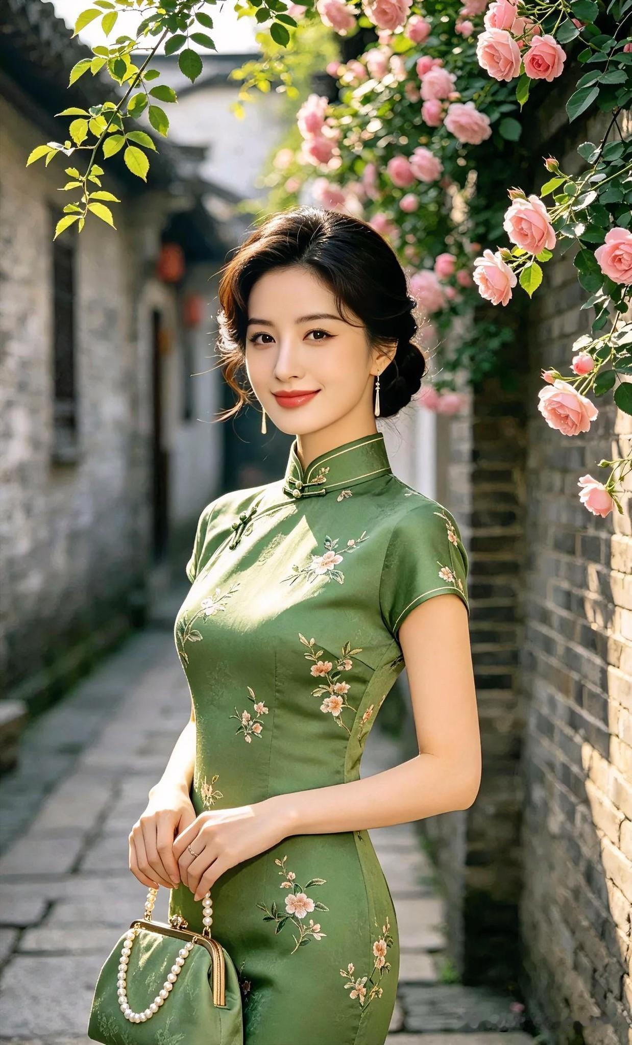 青砖黛瓦间，蔷薇倚墙盛放。她一袭绿旗袍，绣着春日的温柔，手提珍珠小包，将江南的婉