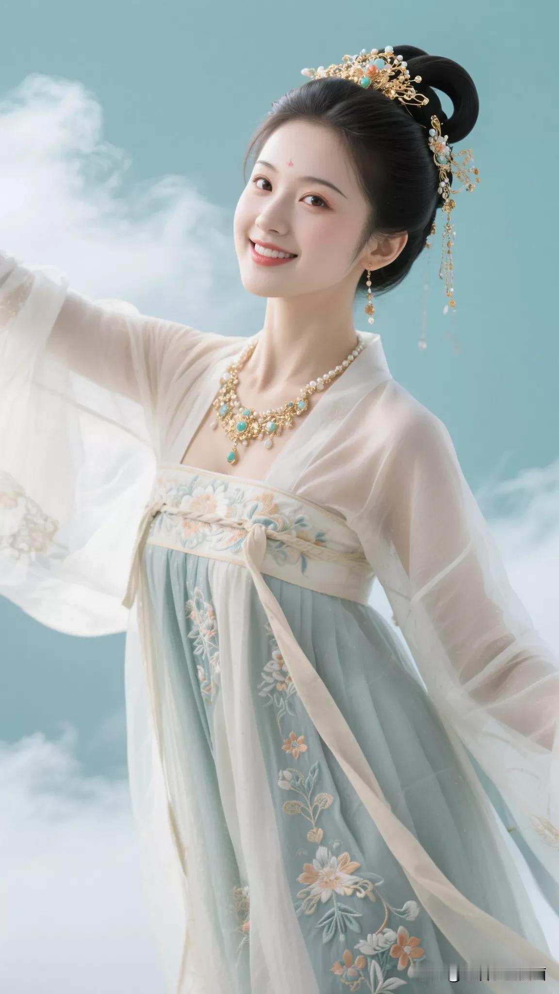 古风仙子，云中漫步，笑靥如花张立启原创书画AI作品古仕女发髻服饰集锦首发ai唐韵