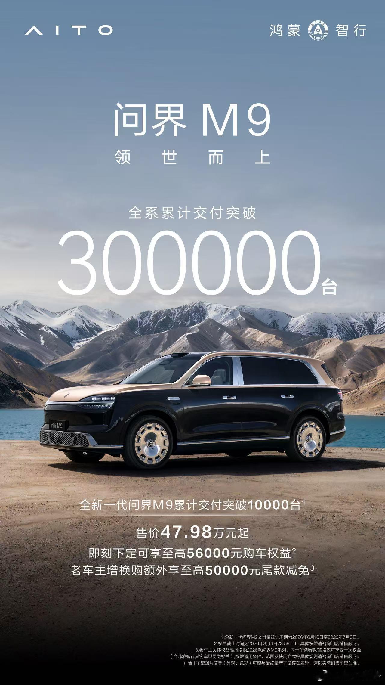 问界M9全系累计交付突破300000辆，别忘记，这是落地过50万元的车。一眨眼就