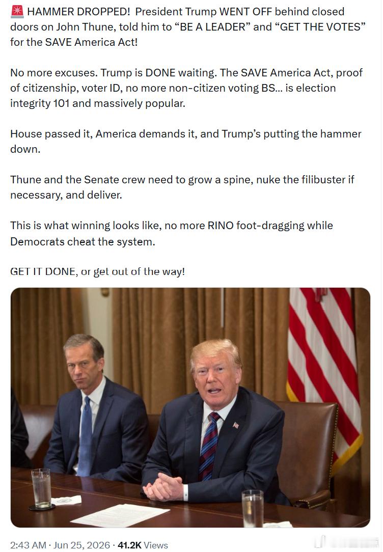 特朗普总统在闭门会议中对约翰·图恩严厉表态，要求他“拿出领导力”并“争取到足够的