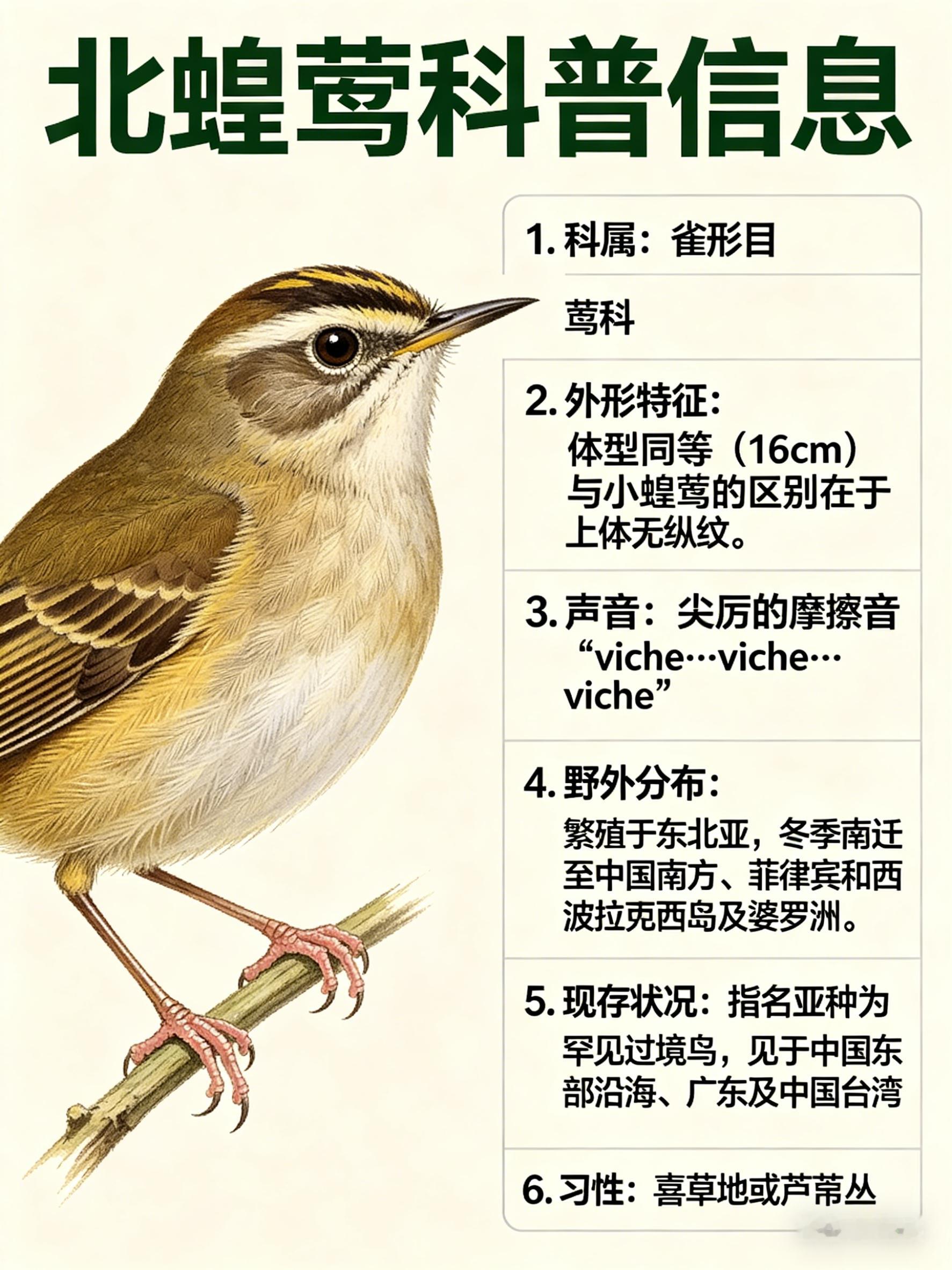 鸟类朋友图鉴北蝗莺·科属：雀形目，莺科。·外形特征：体型中等（16cm）的橄榄