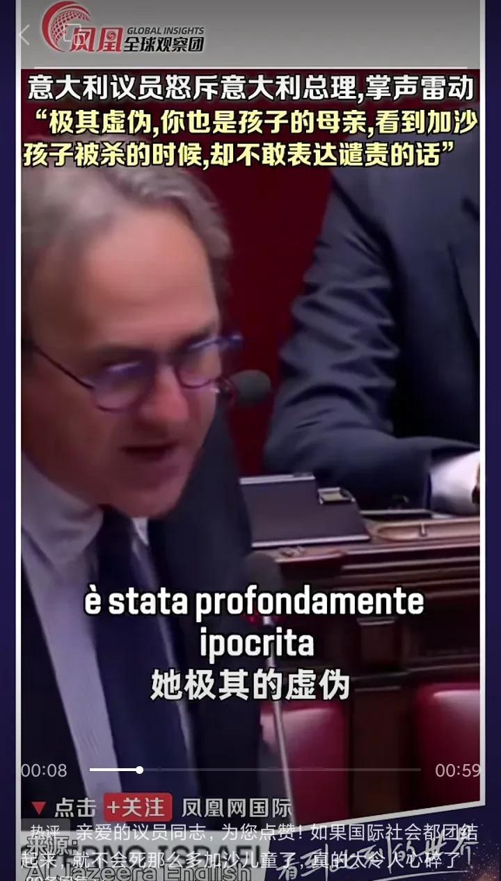 意大利议员安吉洛.博内利说，我们意大利的总理极其虚伪，她也是一个母亲，却对加沙被