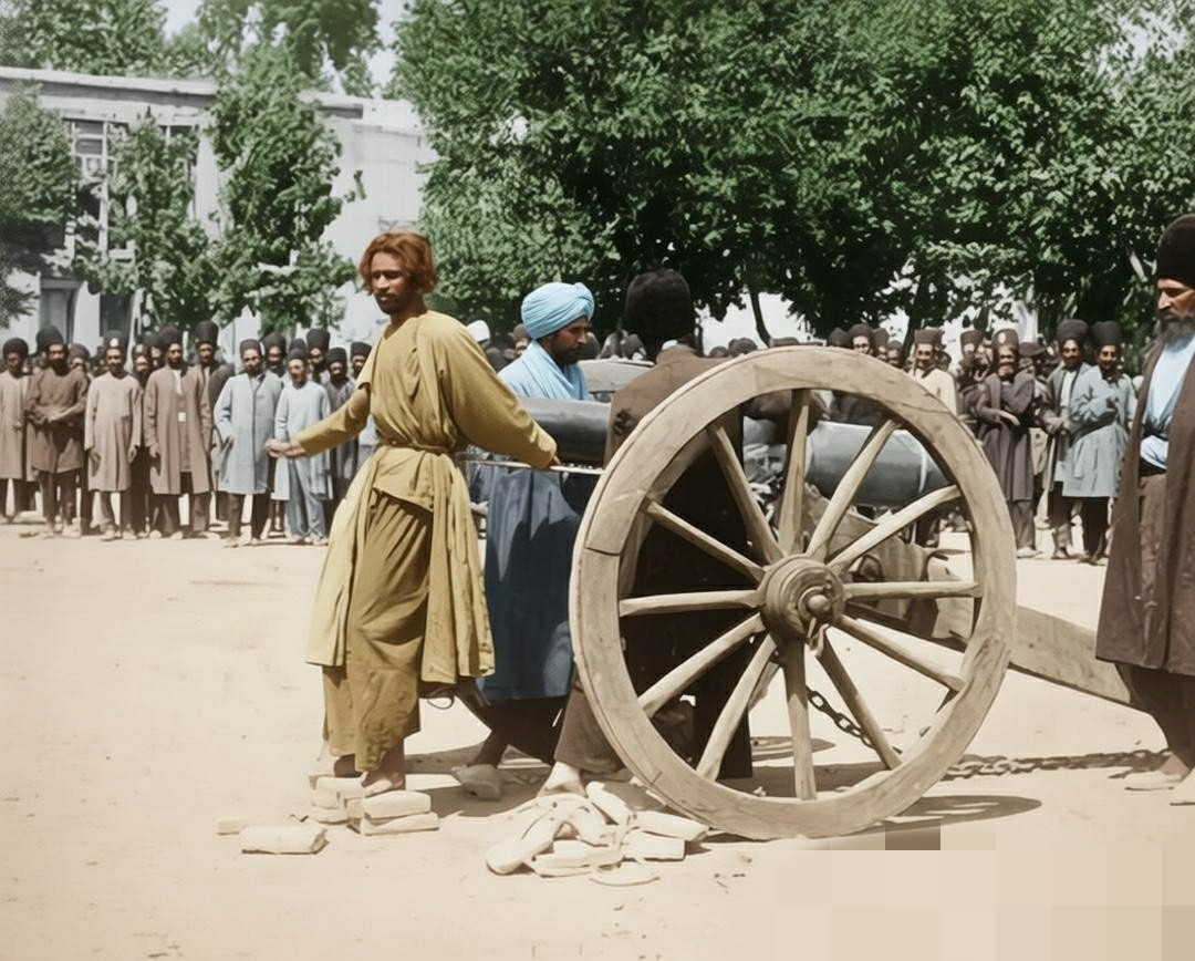 这张照片拍摄于1890年的伊朗，记录了一场残酷的“炮决”处决现场。画面中，囚犯被