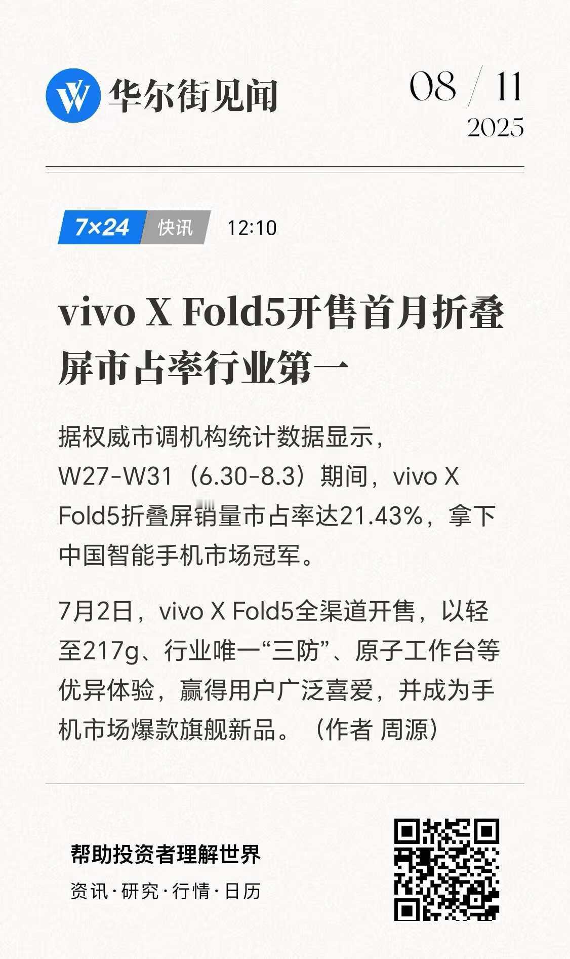 刚看到数据，vivoXFold5首销后连续五周折叠屏激活量行业第一，市占率