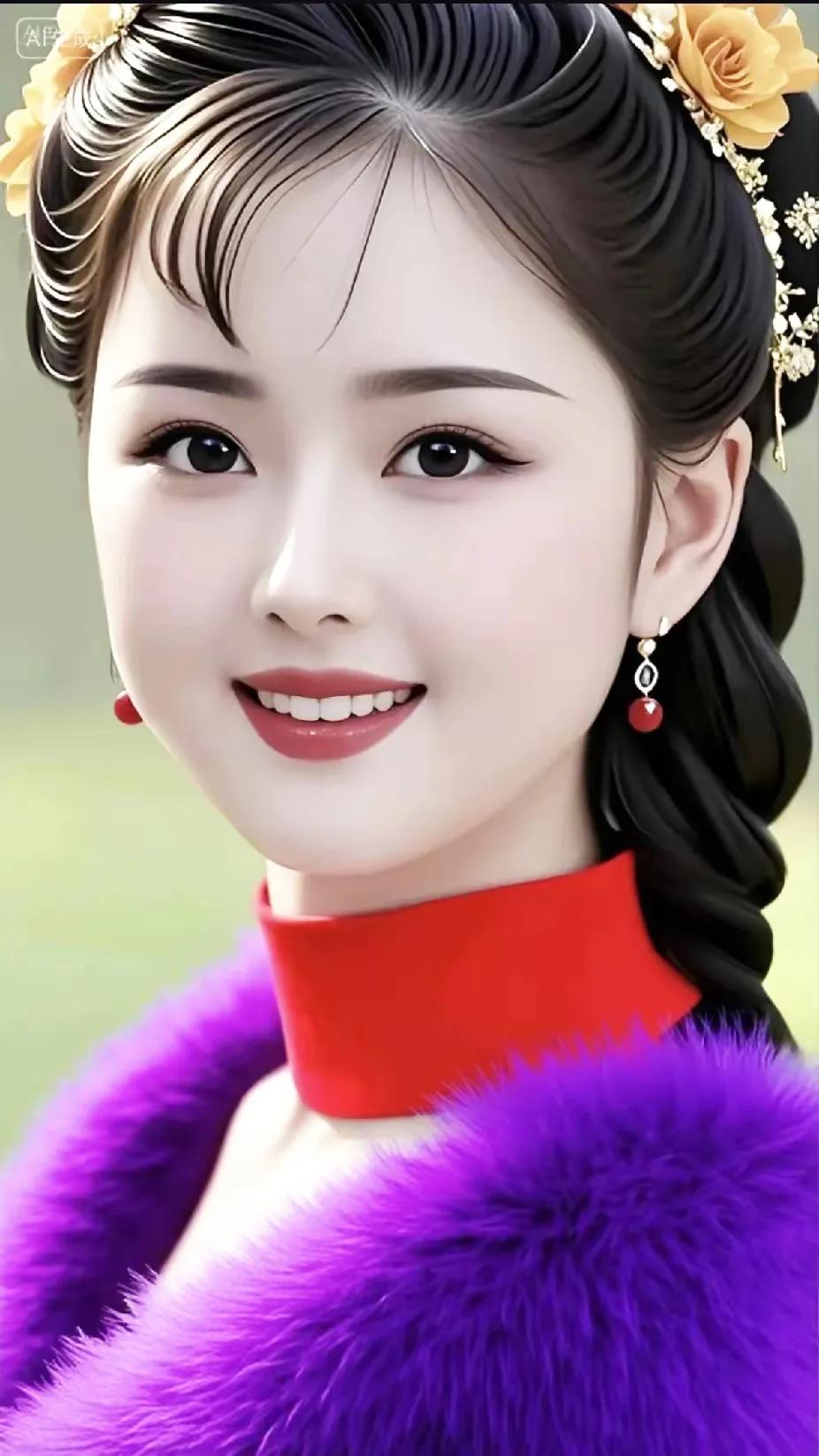 惊艳的东方美人，红衣紫绒，古典与现代的完美结合！🌸💄👗