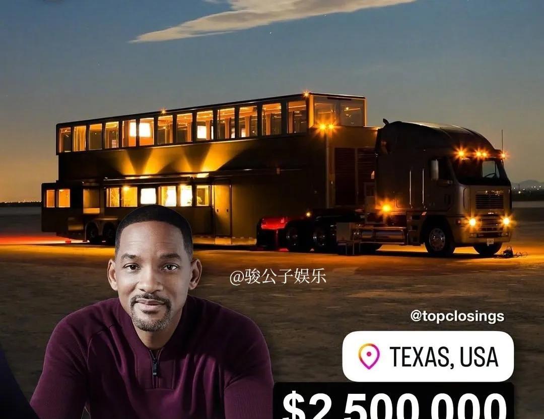 威尔·史密斯那辆耗资250万美元的豪华双层房车的内部细节曝光。这辆拥有22个轮子