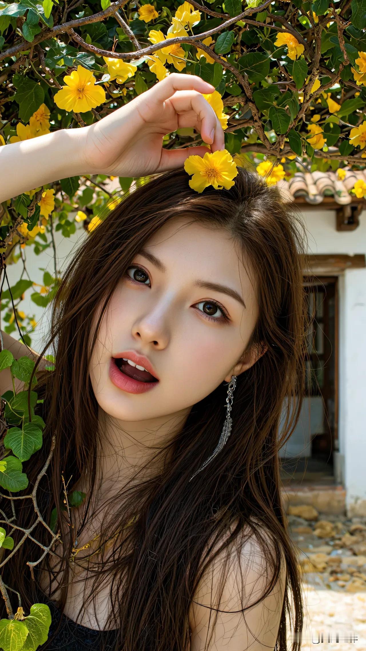 光之影&AI阳光下的少女与盛开的黄花，美得令人窒息。秋日少女照带花朵的少女