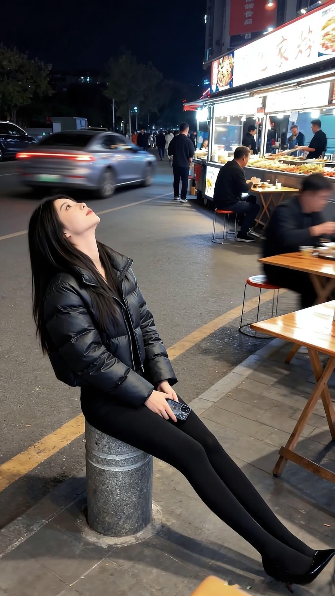 夜色阑珊处，佳人倚栏思。漂亮小姐姐大长腿