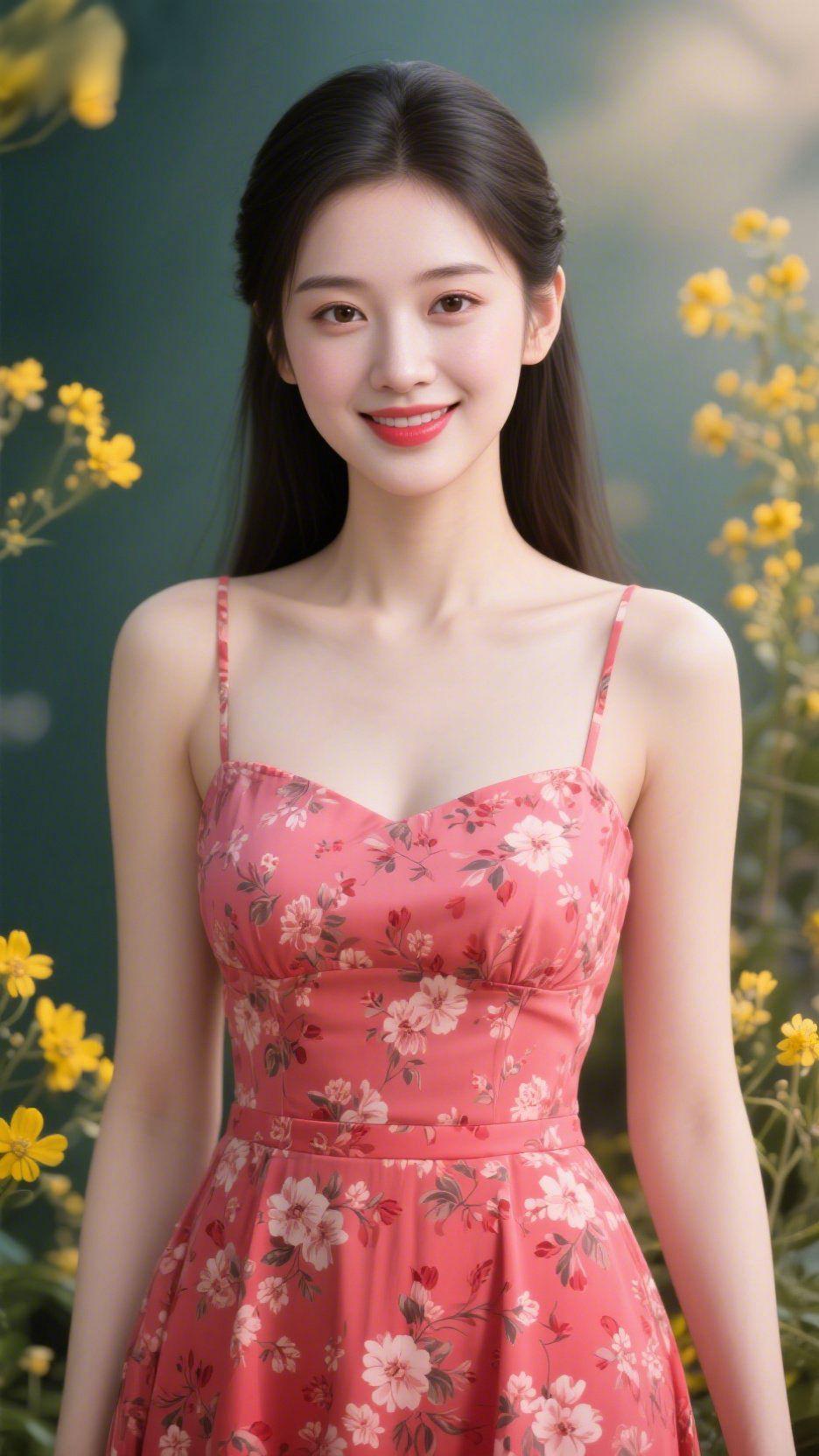 绯裙揽花意绯粉裙裳缀满细碎花枝，柔润的底色揉进春日的缱绻，撞入明黄花簇的热