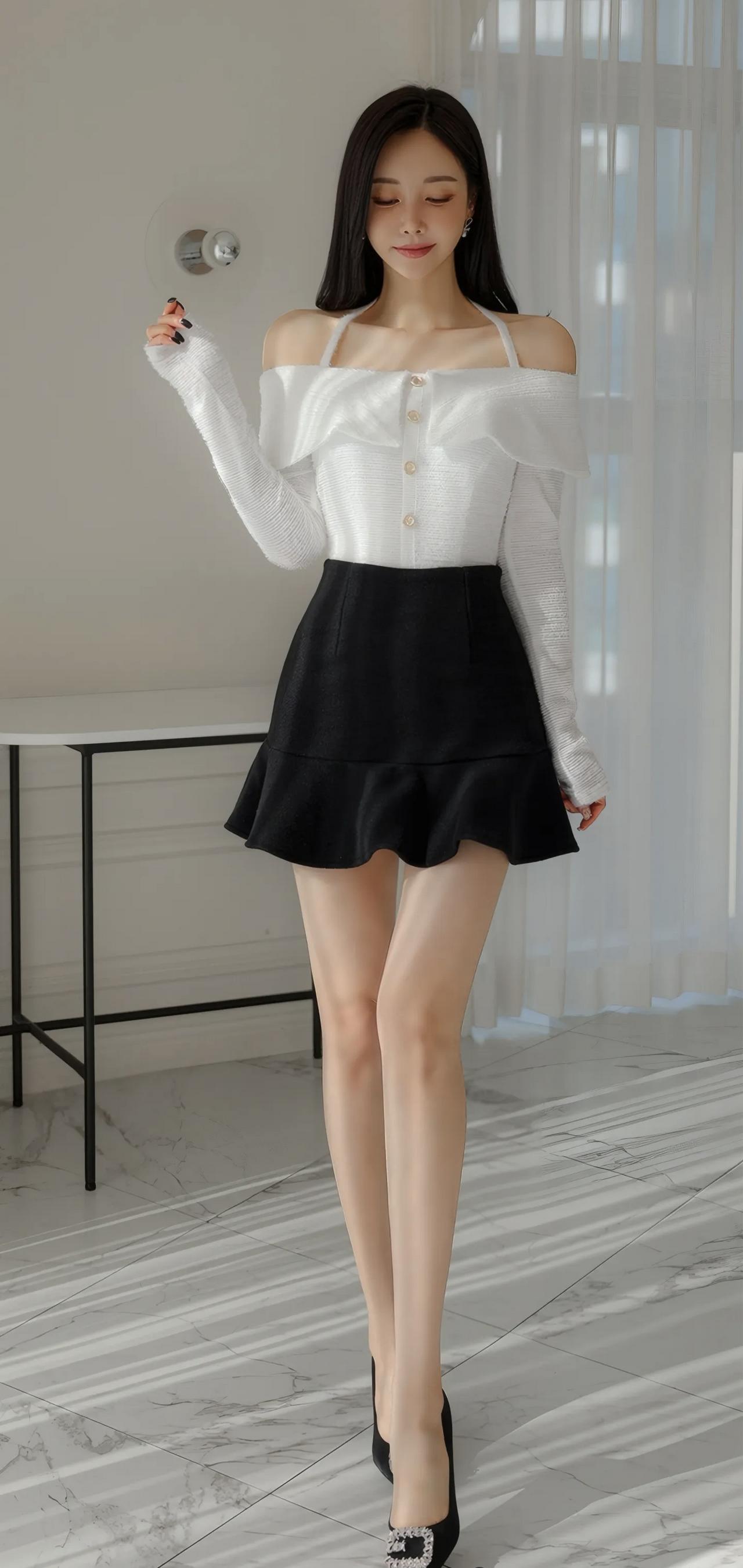 优雅气质穿搭，白色露肩上衣搭配黑色短裙，尽显时尚魅力！