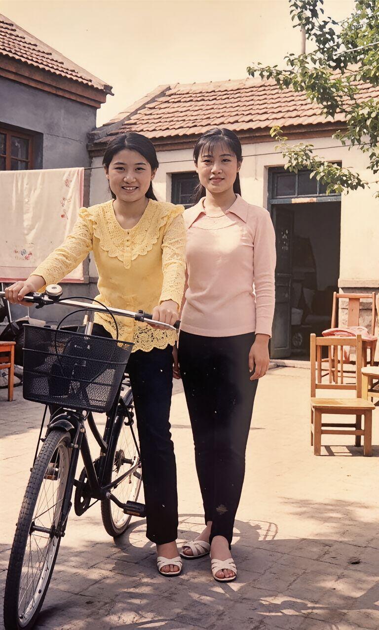 90年代的老照片中，这两个女孩看起来好美啊。穿搭的很朴实，一个有刘海，一个头发五