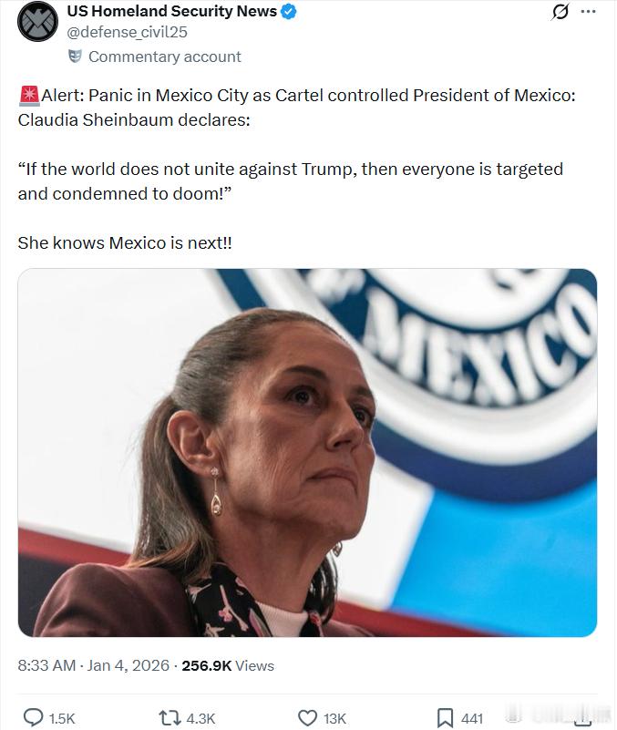 墨西哥城陷入恐慌，贩毒集团控制的墨西哥总统克劳迪娅·谢因鲍姆宣称：“如果全世界不
