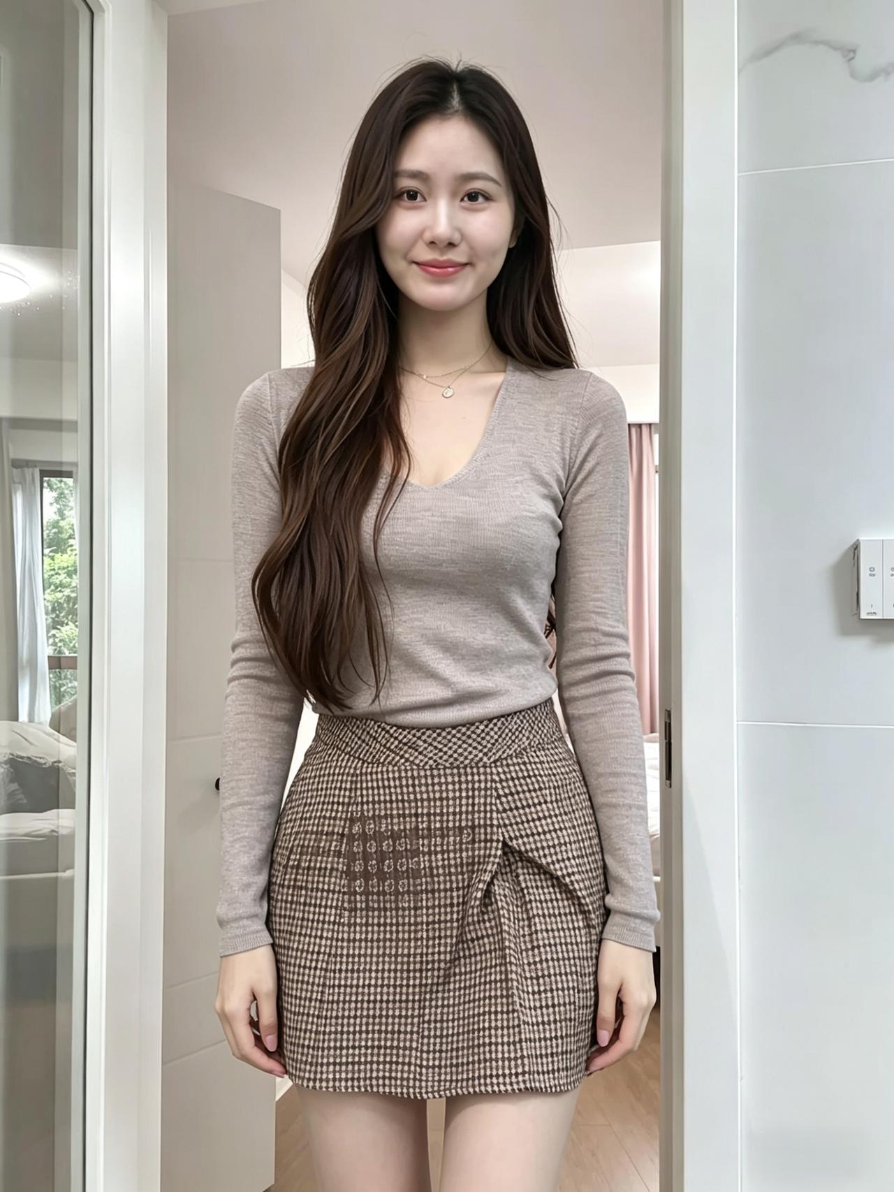 长发漫过肩头是秋日翻涌的浅棕浪波一件软糯针织衫裹住一整个沉静的温柔格纹短