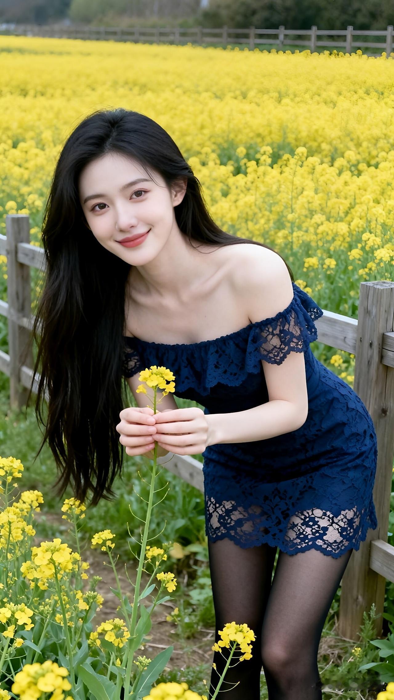 专程开车两小时去看油菜花。穿了藏蓝蕾丝裙，本来觉得和黄色花海不搭，拍出来居然还