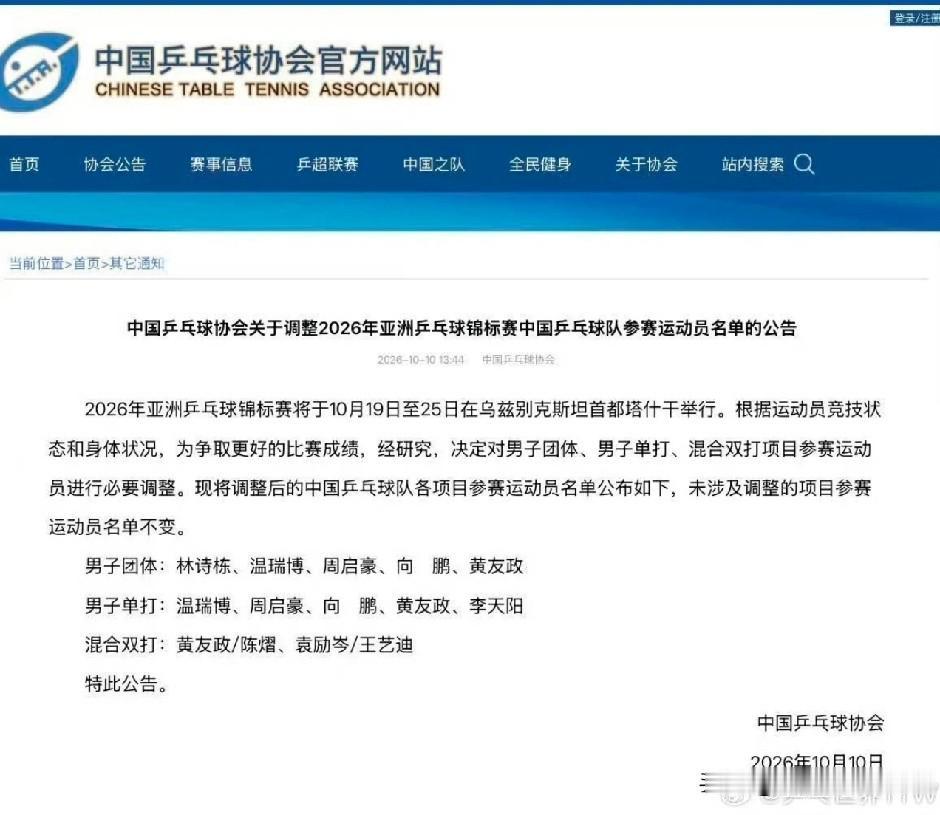 乒协最新消息：取消林诗栋、梁靖崑亚锦赛的单打资格，由向鹏、周启豪、温瑞博接替，林