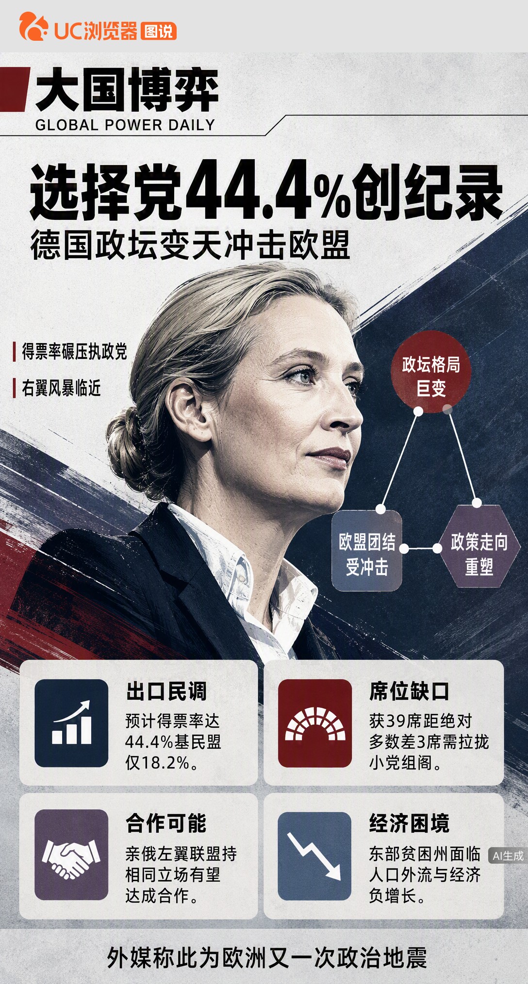 44.4%！选择党在德国一州碾压执政党，创二战后极右翼纪录。但差3席不够单独组阁，能否拉拢同属亲俄的