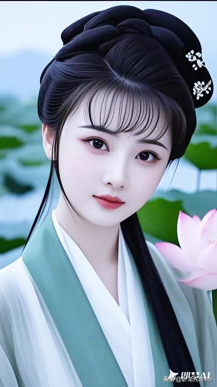 古风少女与莲花相伴，静谧如画