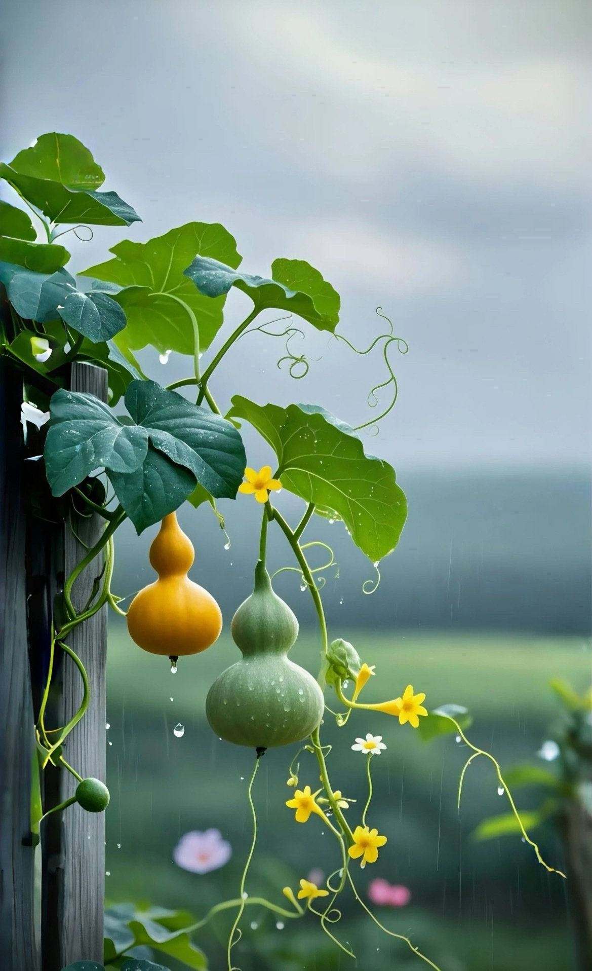 几滴雨露，几朵花，一个被大自然宠爱的清晨看藤蔓缠绕，听雨露轻落，欣赏屋边那串挂着