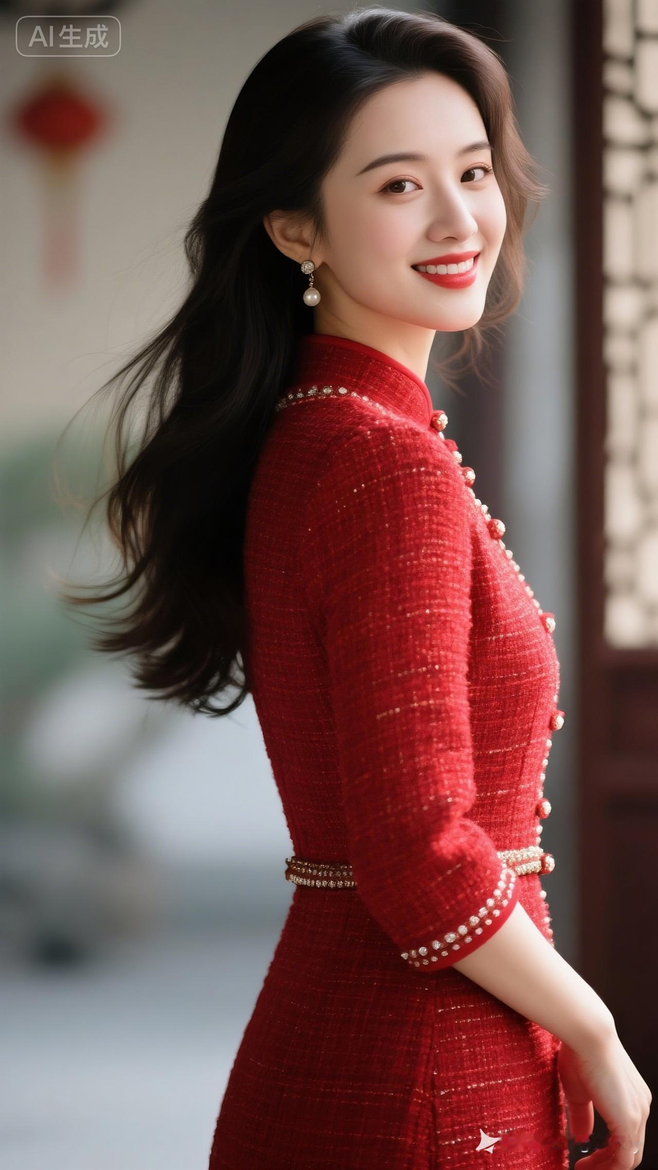 优雅红衣美人，微笑动人，散发着古典韵味。