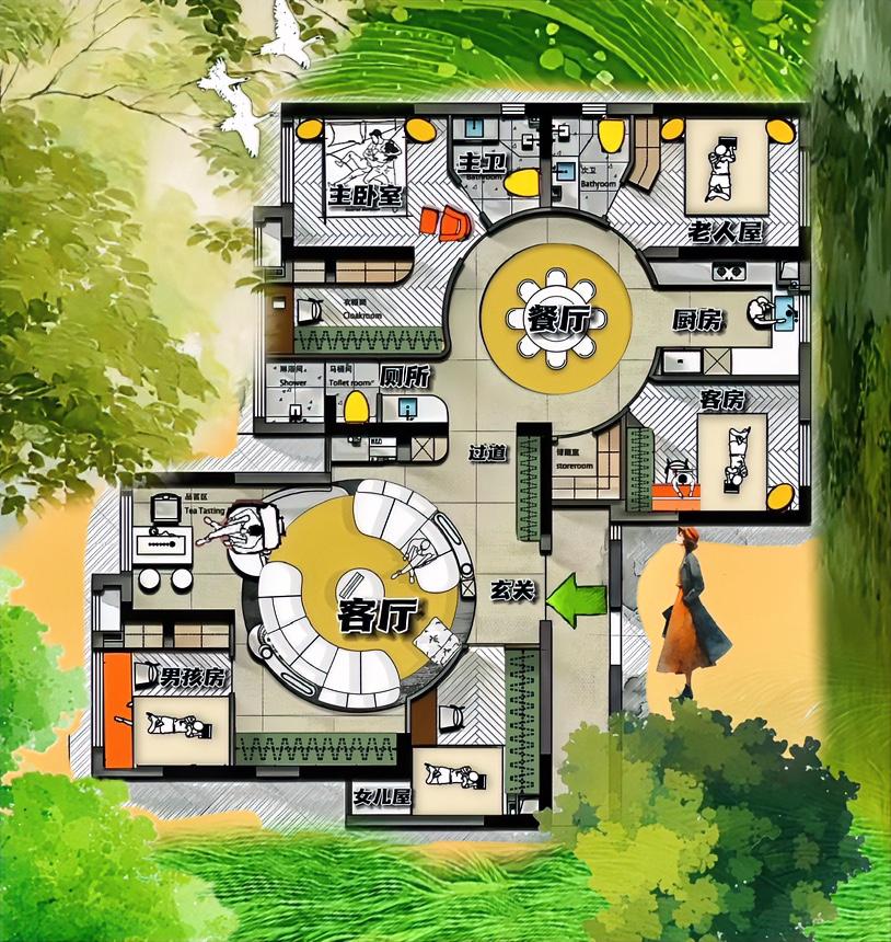 双拼宅，大圆厅小圆厅，很登对，动线与布局如郎才女貌，205㎡一根筋的思维，总体来