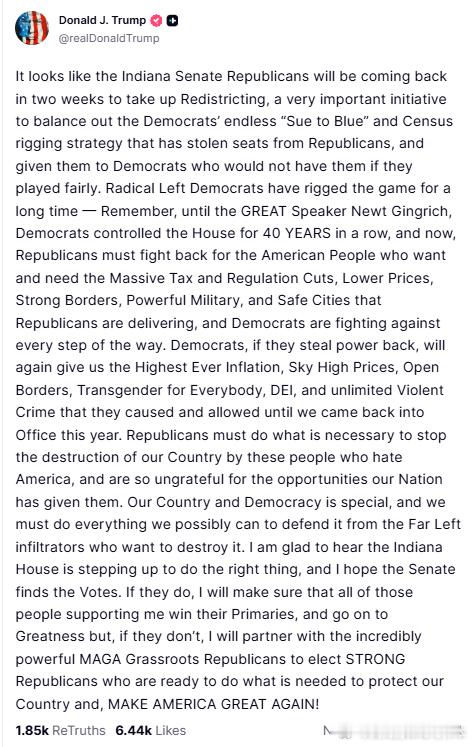 【黄金时代】川普透露，印第安纳州参议院的共和党人似乎将在两周后重返议会，讨论选区