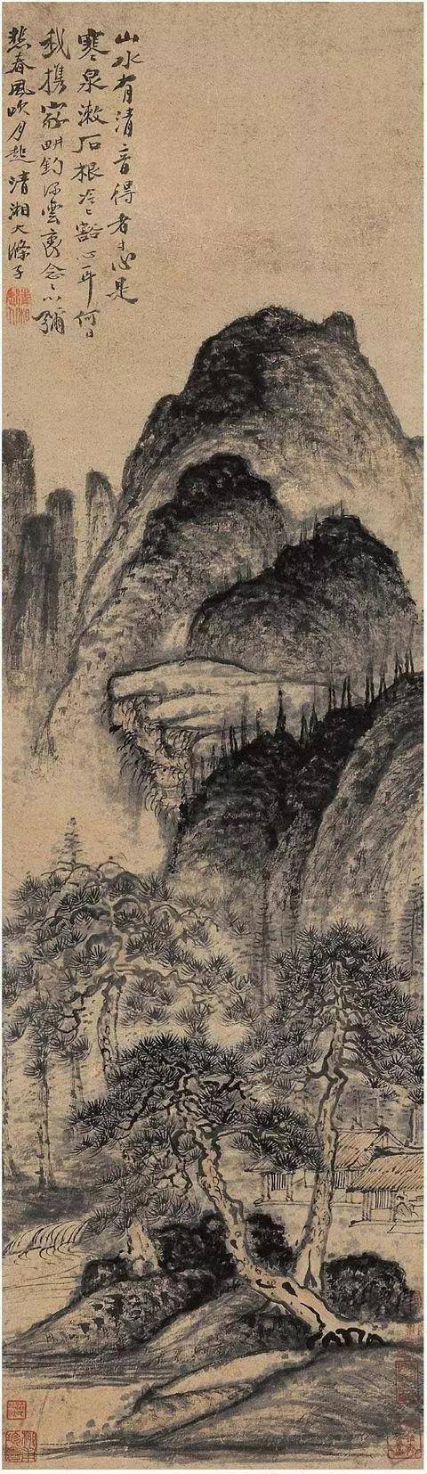 石涛寒泉云深图。石涛作为中国山水画领域的一位典型人物，是一位难得的画家，更有人